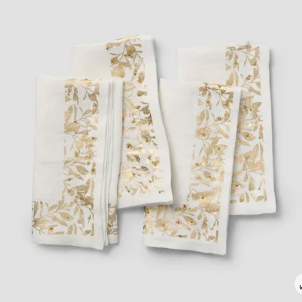 ❤️BUY 2 GET 1 FREE  Sur La Table Gold Leaves Linen Napkins, Set of 4